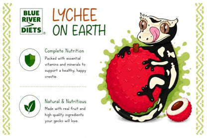 Blue River Diets Complete Crested Gecko Food | All-Natural Gecko Food Made in the UK | 70% Real Fruit | 2.1oz | 60g Lychee on Earth Flavor
