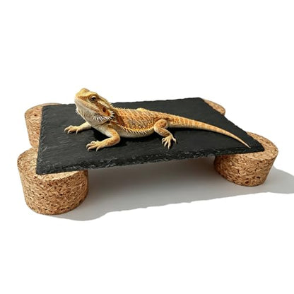 Bearded Dragon Basking Rock Platform,Reptile Basking Slate Rock with Wooden Stump,Leopard Gecko Hides and Caves Tank Accessories for Lizards,Snakes,Ball Pythons,Turtle