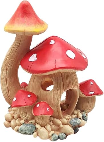 RUIAN Red Mushroom House Aquarium Ornament Fish Tank Cave Reptile Hideout | mushroom cave ornament for fish tank: perfect hideout for reptiles, amphibians, and fish. Also a fairy garden decoration. - color: Red，yellow