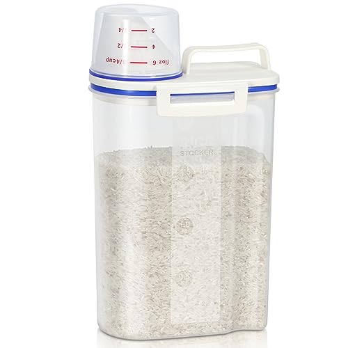 TBMax Rice Container 4 Lbs / 2 Kg Rice Dispenser with Measuring Cup, BPA-Free Plastic Kitchen Pantry Food Storage Holder for Oatmeal Flour Grain, Small Pet Cat Dog Food Container - color: Blue