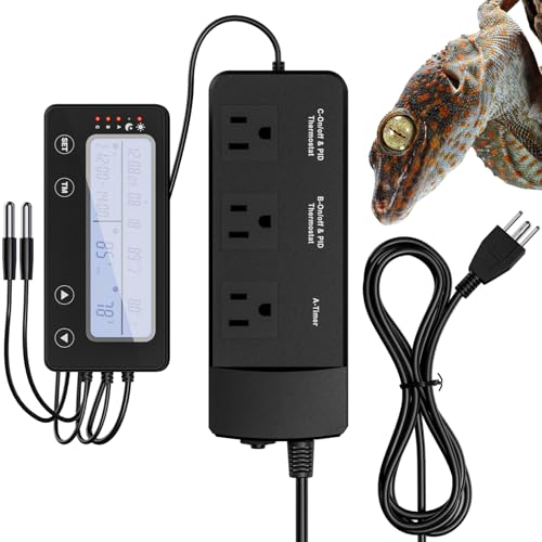 Reptile Temperature Controller with Timer, PID Reptile Digital Thermostat, 3-Channel Thermometer Hygrometer w/Memory, 2 IN 1 Day Night Temperature Humidity Gauge for Heat Lamp Heat Mat Fogger