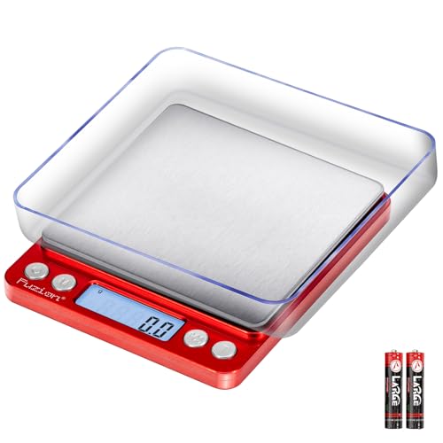 Fuzion Small Gram Scale 3000g, Digital Kitchen Food Scale, Gram and Ounce | 0.1g Accuracy, 6 Modes, 2 Trays Included, Tare Function, Piece Counting, For Food, Coffee, Cooking, Herb, Reptiles, Coins - color: Red