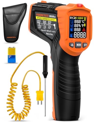 4 in 1 Temperature Gun POROMETISTO 4 Types of Alarm Setting | -58-1472°F For Infrared/Ambient Temperature Humidity Infrared Thermometers,Industrial Laser Thermometer Gun with K-Type Probe