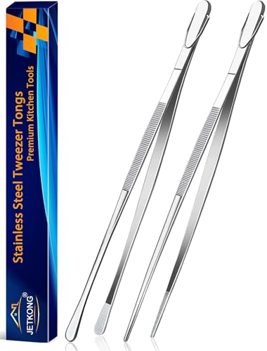 JETKONG 2 Pcs 14-Inch Food Tweezers Stainless Steel Tweezer Tongs Extra-Long Cooking Tweezers (Silver) - color: Silver, size: 14+14 Inch