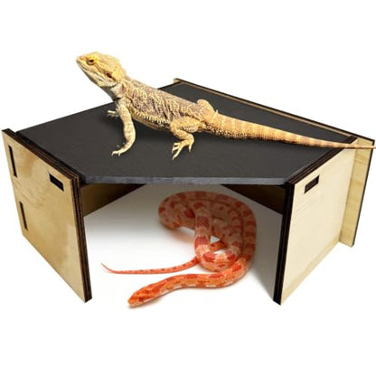 PINVNBY Large Bearded Dragon Basking Platform Wooden Snake Hide Ball Pythons Hide with Slate Rock Leopard Gecko Tank Accessories for Crested Gecko Chameleon(Triangle: 12.6 x 9.84 x 4.53 inches)