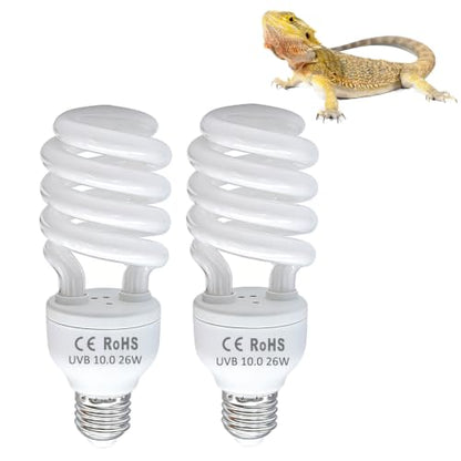 2-Pack E26 Reptile UVB Light Bulb 26W UVA UVB 10.0 | Compact Fluorescent Lamp for Desert Reptiles Bearded Dragon, Tortoise, Lizard Vivarium Kit - size: 26W UVB 10.0