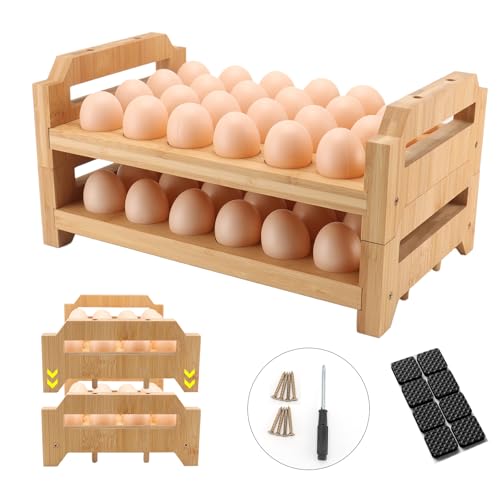 48 Egg Holder Countertop 2-Tier Stackable Bamboo Egg Tray with Anti-Slip Pads/Ventilation Design, Fresh Eggs Storage Organizer for Chicken/Duck/Turkey Eggs - style: Rustic 48Pcs