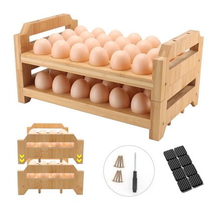 48 Egg Holder Countertop 2-Tier Stackable Bamboo Egg Tray with Anti-Slip Pads/Ventilation Design, Fresh Eggs Storage Organizer for Chicken/Duck/Turkey Eggs - style: Rustic 48Pcs