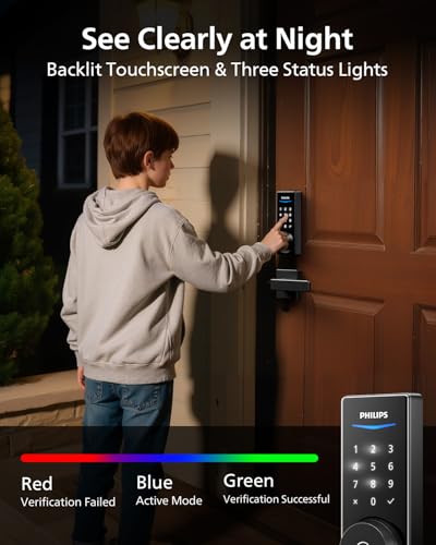 Philips Wi-Fi Smart Door Lock, Fingerprint Door Lock | APP Remote Unlock, Alexa Google Voice, 100 User Codes, Anti-Peep, Backlit Touchscreen, Waterproof, Includes 8 Batteries - color: Matte Black