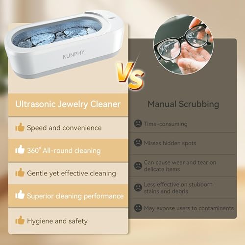 Jewelry Cleaner, KUNPHY 46kHz Ultrasonic Cleaner, White | One-Touch Control,12 OZ Tank, Fits Rings, Glasses, Jewelry, Dentures, Ideal Gift for Women Mom Wife Daughter - color: White