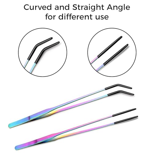 2PCS Stainless Steel Reptile Feeding Tongs, 10.6" Straight and Curved Tweezers for Bearded Dragon Tank Accessories, Planted Tank Tools Feeder for Lizards