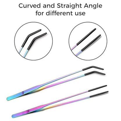 2PCS Stainless Steel Reptile Feeding Tongs, 10.6" Straight and Curved Tweezers for Bearded Dragon Tank Accessories, Planted Tank Tools Feeder for Lizards