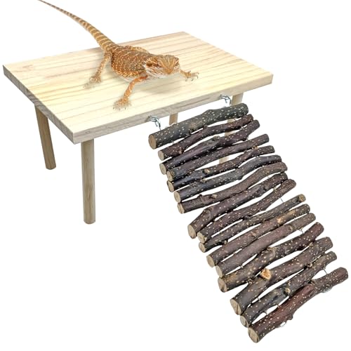 BNOSDM Wooden Basking Platform with Climbing Ramp Reptiles Hideout Bearded Dragon Hide Cave Reptile Tank Accessories Suit for Tortoise, Lizard, Toad, Gecko (Rectangle)