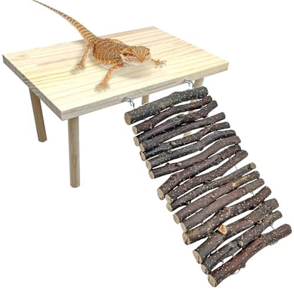 BNOSDM Wooden Basking Platform with Climbing Ramp Reptiles Hideout Bearded Dragon Hide Cave Reptile Tank Accessories Suit for Tortoise, Lizard, Toad, Gecko (Rectangle)