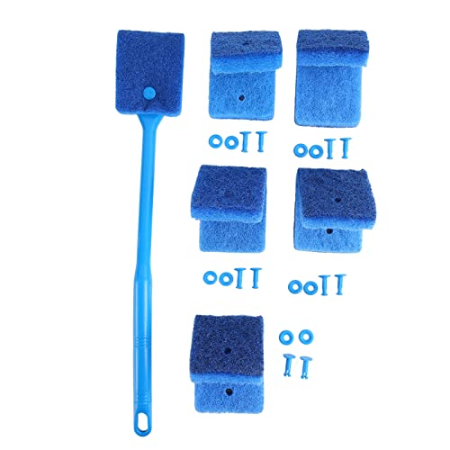 Aquarium Cleaning Brush, Double Sided Sponge Brush with Long Handle Seaweed Scraper for Aquarium with Hanging Holes for Aquarium Acrylic Glass(Blue)