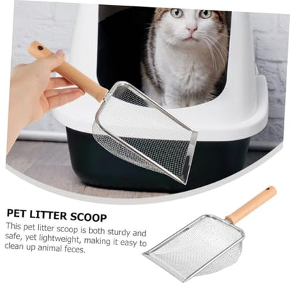 Stainless Steel Cat Litter Scoop with Wood Handle, 2x2mm Mesh Rock Sifter for Reptile and Small Pet Litter Cleaning, Sturdy Home Shovel for Kitten and Hamster Sand Management