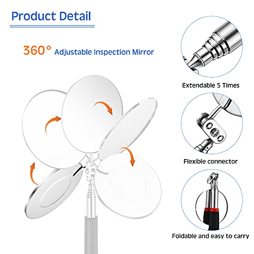 Frienda 2 Pcs LED Telescoping Inspection Mirror, Flexible Round Mirror Tool | Extendable Handle, Lighted Mirror Head, Flexible Neck, Auto Mechanic, Hard-to-Reach Area Inspection