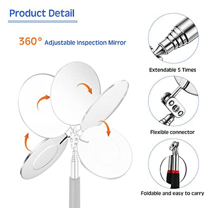 Frienda 2 Pcs LED Telescoping Inspection Mirror, Flexible Round Mirror Tool | Extendable Handle, Lighted Mirror Head, Flexible Neck, Auto Mechanic, Hard-to-Reach Area Inspection