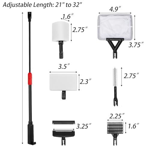 TOPZEA 6 in 1 Aquarium Cleaning Tool Kit, Fish Tank Cleaner Set with Adjustable Telescopic Long Handle (21-32 Inch) Include Algae Scraper, Scrubber Pads, Fish Net, Tube Cleaning Brush, Gravel Rake