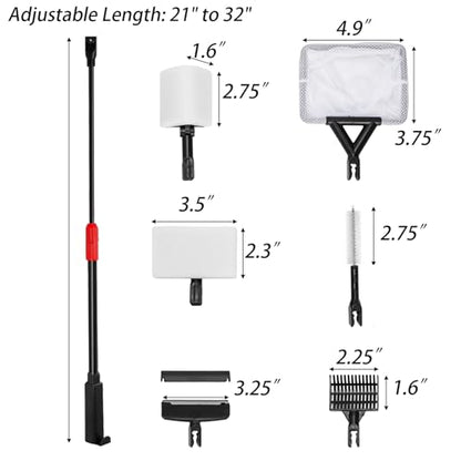 TOPZEA 6 in 1 Aquarium Cleaning Tool Kit, Fish Tank Cleaner Set with Adjustable Telescopic Long Handle (21-32 Inch) Include Algae Scraper, Scrubber Pads, Fish Net, Tube Cleaning Brush, Gravel Rake