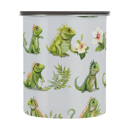 Food Storage Containers With Lids Stainless Steel Storage Containers For Snacks Candy Stackable Push Button Seal Container 30oz Cartoon kawaii-style Green Iguana Reptile Gray