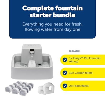 PetSafe Oasys Pet Fountain, 1/2 Gallon, Cats & Small Dogs, Extra Filters | Adjustable Flow Control, Whisker-Friendly Tray, Extra 12-Pack Replaceable Carbon & 2-Pack Foam Filters Included - style: Fountain + 12-Pack Filters + 2-Pack Foam Filters
