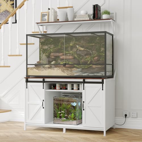 VOWNER 48"x24"Reptile Tank Stand with Power Outlet & Storage Cabinet, White | Fits up to 120 Gallon Bearded Dragon Tank, Sliding Barn Doors, Heavy Duty Aquarium Stand, Reptile Turtle Terrarium Stand - color: White + Walnut