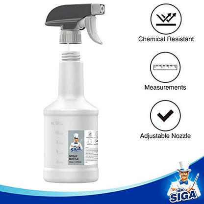 MR.SIGA 16 oz Empty Plastic Spray Bottles for Cleaning Solutions, 3 Pack | Heavy duty household reusable spray bottles with measurements and adjustable leak proof nozzle - size: 470ml, 3 Pack