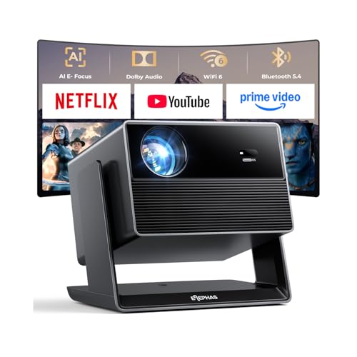 ELEPHAS Smart 4K Projector with WiFi and Bluetooth for Indoor Outdoor | Compatible with Netflix/Prime Video/YouTube, 270° Rotatable, AI Auto Focus & Keystone, Portable Home Theater Movie Projector - color: Black