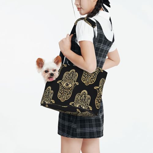 Small Pet Carrier Purse Bag, Gold Hand with Eye Print Shoulder Bag for Dogs Cats, Puppy Tote Travel Handbag - color: Gold Hand With Eye