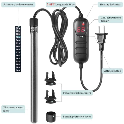 HITOP Compact Submersible Aquarium Heater -100w Digital Heater for Fish Tank Turtle Tank, for Saltwater and Fresh Water with Temperature Controller - size: (12-30Gal) 100W