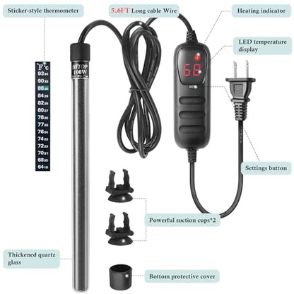 HITOP Compact Submersible Aquarium Heater -100w Digital Heater for Fish Tank Turtle Tank, for Saltwater and Fresh Water with Temperature Controller - size: (12-30Gal) 100W