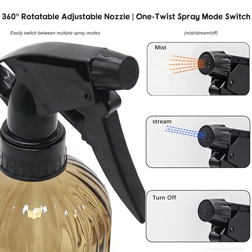 Brown Ribbed Glass Plant Spray Bottle 2 Pack, 13.5oz Adjustable Nozzle | Drip-free semi-transparent glass, fine mist to stream. Refillable for plants, cleaning, hair, pet care, eco friendly - color: Amber