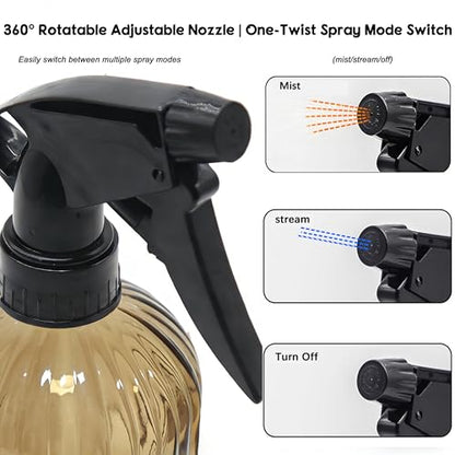Brown Ribbed Glass Plant Spray Bottle 2 Pack, 13.5oz Adjustable Nozzle | Drip-free semi-transparent glass, fine mist to stream. Refillable for plants, cleaning, hair, pet care, eco friendly - color: Amber