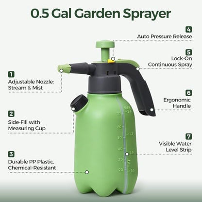 T4U Pump Sprayer 0.5 Gallon, Garden Spray Bottle with Short Nozzle | Hand pressure sprayer with adjustable brass nozzle for plant watering, lawn care, fertilizing, pest control and home cleaning - size: Short Nozzle