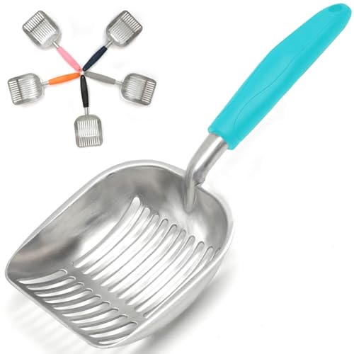 Cat Litter Scoop, Kitty Metal Scooper, Aluminum Alloy Sifter, Kitten Pooper Lifter, Deep Shovel, Long Handle, Poop Sifting, Durable, Heavy Duty, for Litter Box - color: Flat Aluminum-Aqua Handle, size: Large