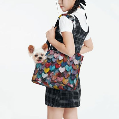 Small Pet Carrier Purse Bag, Colorful Heart Print Shoulder Bag for Dogs Cats, Puppy Tote Travel Handbag - color: Colorful Heart