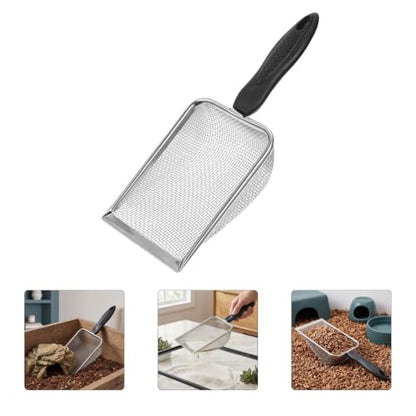Reptile Sand Scoop Stainless Steel with Fine 3.8x3.8mm Mesh Size for Snake Enclosures and Desert Terrariums, Curved Shovel Face and Arched Blade Maximizing Cleaning Area