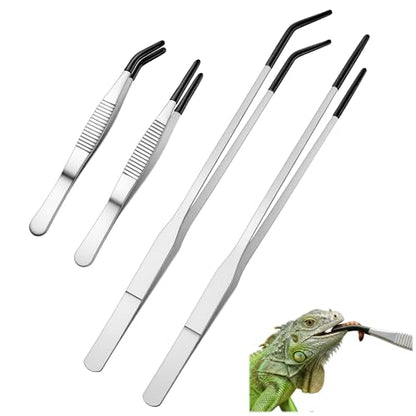 4PCS Reptile Feeding Tongs Long Tweezers for Aquarium Crafts Tank | Stainless Steel Feeding Tongs, 10.6" Straight and Curved Tweezers with Soft Rubber Tip Terrarium Supplies