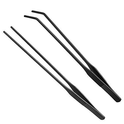 2PCS Aquarium Tweezers Stainless Steel Straight and Curved Tweezers Set Long Handle Reptile Feeding Tongs for Aquatic Plants Lizards Spider Snakes Garden Repairing - 10.6inch, Black - color: 10.6"/Black