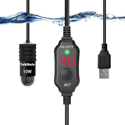YukiHalu USB Powered Aquarium Heater, 10W Adjustable Mini Fish Tank Heater with External Temperature Controller, LED Display, Used for 0.5-1 Gallon Tank (10W USB) - size: 10 Watts (USB)