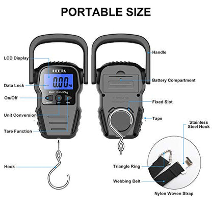 HEETA Fish Scale Digital Fishing Luggage Weight Scale with Measuring Tape | Up 110lb/50kg Portable Hanging Scale with Backlit LCD Display for Home Farm Outdoor Hunting Fishing, 2 AAA Batteries Included - color: Black
