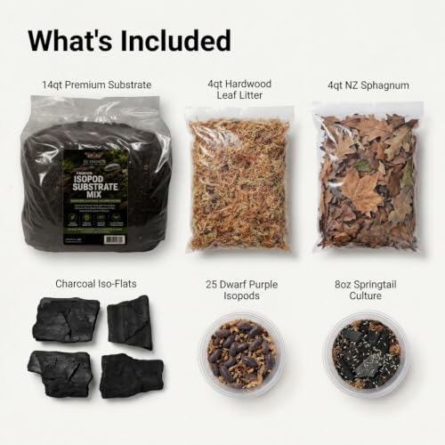 Newt/Salamander Bioactive Kit - 14qt Premium Bioactive Substrate + 4qt Leaf Litter + 4qt Sphagnum + Charcoal Iso-Flats Hide + 25 Dwarf Purple Isopods + 8oz Temperate Springtails
