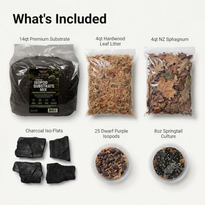 Newt/Salamander Bioactive Kit - 14qt Premium Bioactive Substrate + 4qt Leaf Litter + 4qt Sphagnum + Charcoal Iso-Flats Hide + 25 Dwarf Purple Isopods + 8oz Temperate Springtails