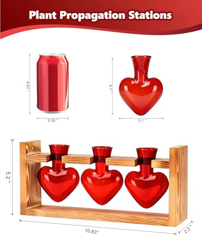 Plant Terrarium with Wooden Stand, 3 Heart Bulb Glass Vases | Wooden Stand Tabletop for Air Planter, Gifts for Mom Plant Lovers Mom Women Wife Grandma - color: Red