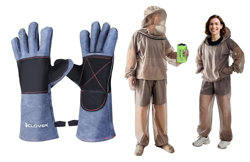 IC ICLOVER 4-Piece Mosquito Jacket Large/X-Large+16inch Animal Handling Gloves, Bug Jacket with Hood, Mosquito Net Suits for Gardening Fishing，Anti-bite Dog Cat Bird Reptile Control Protection