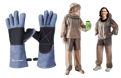 IC ICLOVER 4-Piece Mosquito Jacket Large/X-Large+16inch Animal Handling Gloves, Bug Jacket with Hood, Mosquito Net Suits for Gardening Fishing，Anti-bite Dog Cat Bird Reptile Control Protection