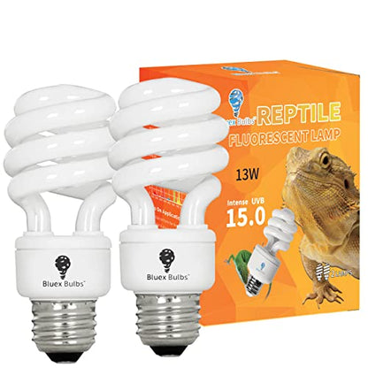 Bluex Bulbs 2 Pack 13-Watt Reptile Light - Intense UVA/UVB, 15.0 UVB, Compact Florescent, Suitable for Desert Reptiles & Amphibians, Promotes Natural Behavior, CFL Bulb - style: UVB 15.0