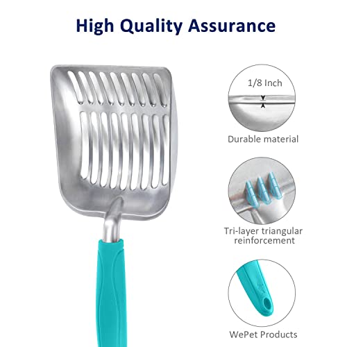 Cat Litter Scoop, Aluminum Alloy Sifter, Kitty Metal Scooper, Deep Shovel, Long Handle, Poop Sifting, Kitten Pooper Lifter, Durable, Heavy Duty, for Litter Box - color: FLAT Aluminum \ #02 Turkish Blue Handle, size: Small