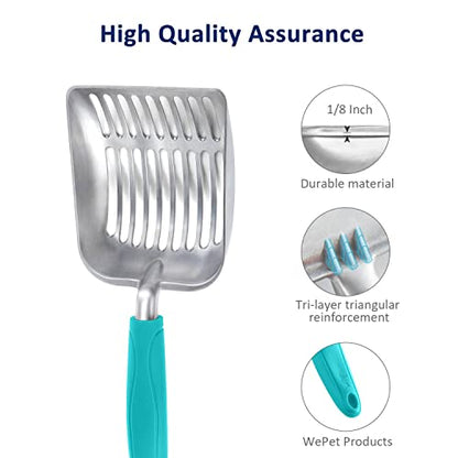 Cat Litter Scoop, Aluminum Alloy Sifter, Kitty Metal Scooper, Deep Shovel, Long Handle, Poop Sifting, Kitten Pooper Lifter, Durable, Heavy Duty, for Litter Box - color: FLAT Aluminum \ #02 Turkish Blue Handle, size: Small